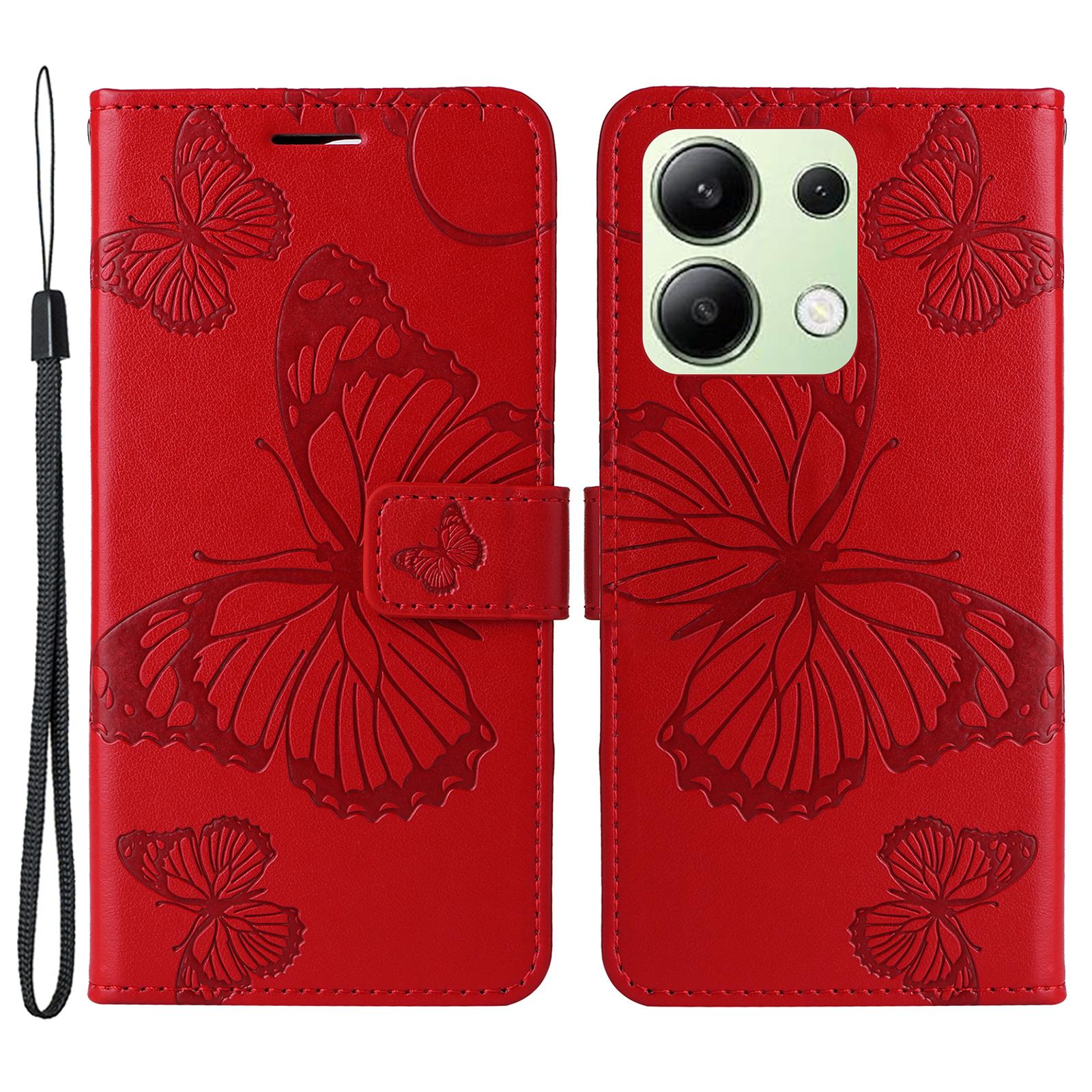 

For Xiaomi Redmi Note 13 4G Wallet Case Floral Butterfly Imprinted Leather Phone Cover Stand Red