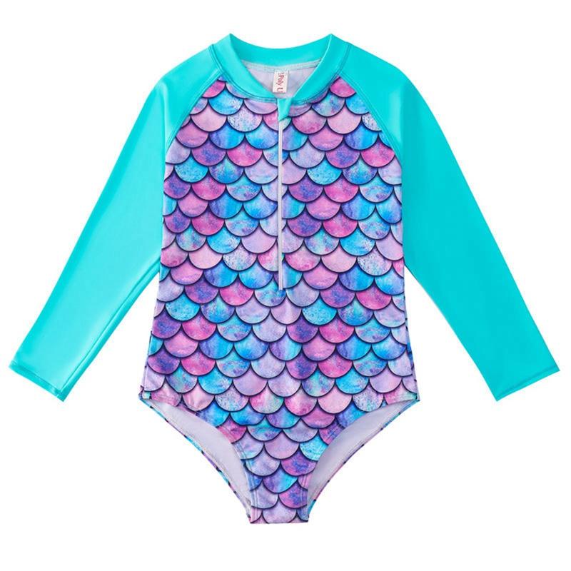 Girls One-piece Cartoon Swimsuit Children's Front Zipper Long Sleeve Summer Swimwear Beach Bathing Suit Jumpsuits Baby Swimsuit