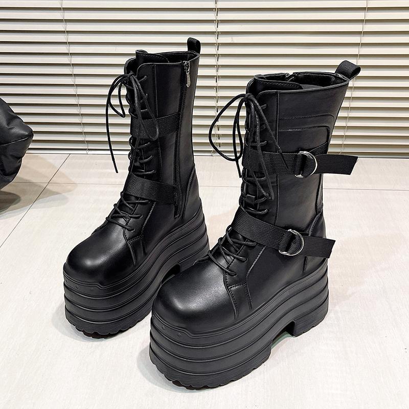 Fashion 17CM High Platform Gothic Boots Buckle Autumn Winter Leather Shoes Punk Street Cosplay Mid-calf Boots Motorcycle Short Botas