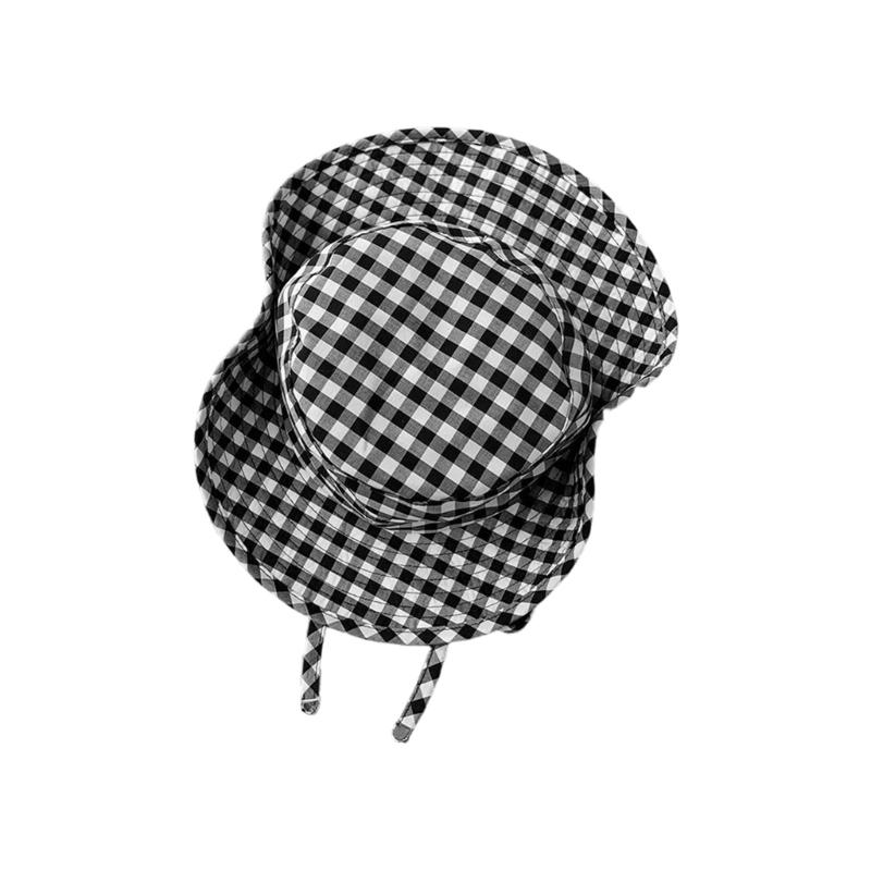 Japanese Style Sweet Gingham Basin Cap Adjustable Bucket Hat For Women And Men Soft Cotton Summer Sun Protection