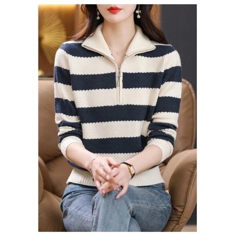 

Осенне-зимний контрастный полосатый вязаный свитер женский топ новая мода омолаживающая женская одежда свитер с лацканами женский One Size