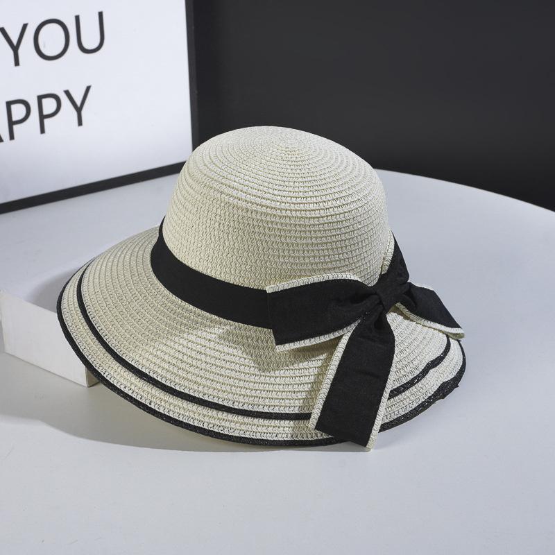 Fashion Outdoor Spring and Summer Woven Straw Hat Women's Versatile Beach Big Edge Bow Sun Shield Hat NobleStyle Sun Shield Ha
