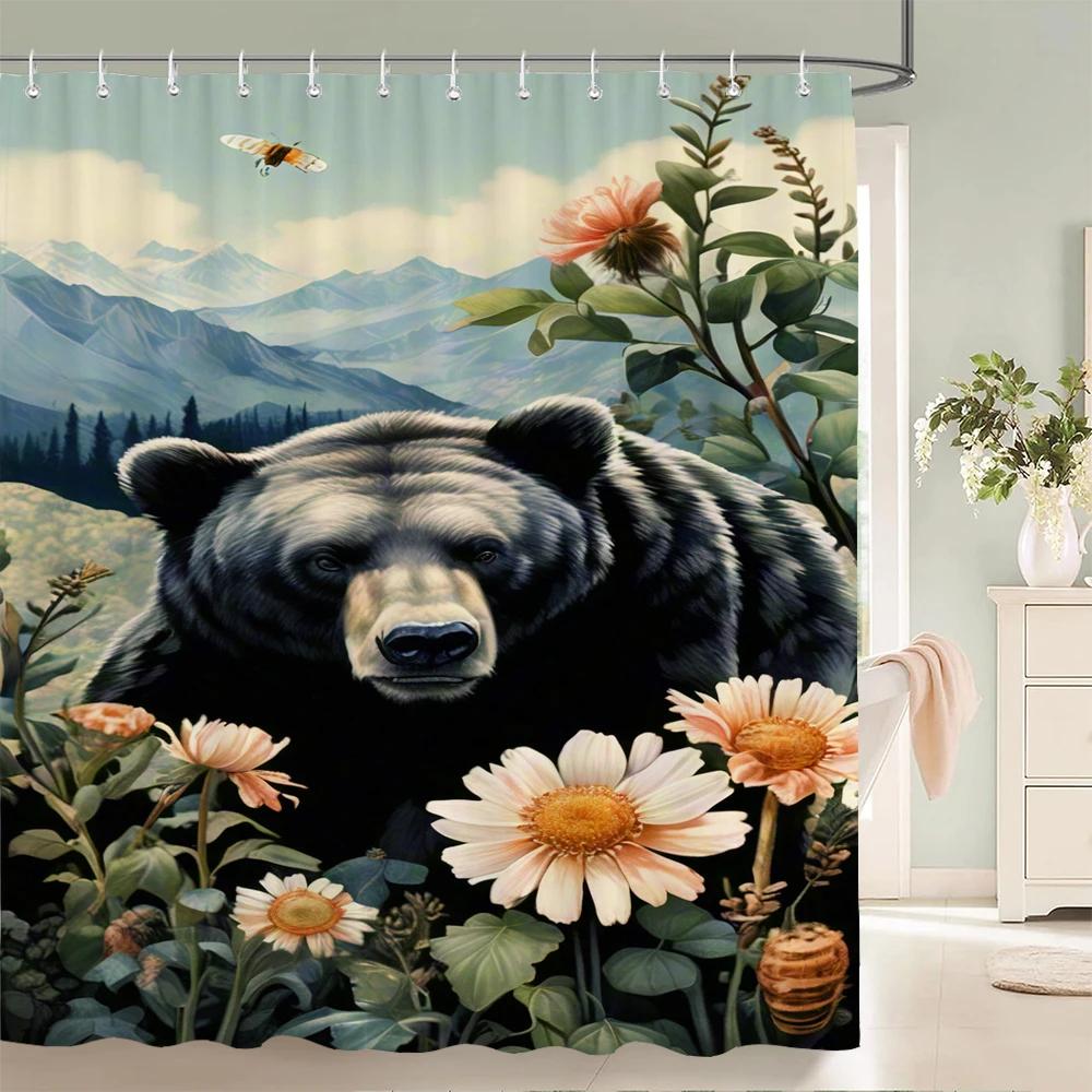 1 pcs Bear, panda, cat, animal printed shower curtain bathroom partition bathroom curtain with hooks home decorative curtain