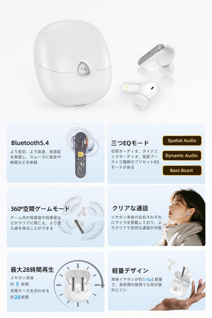 Nakamichi My Music Hue Wireless Bluetooth Three EQ Spatial Gaming Up to 28 Hours of Single Ear Earphones Lavender White Earbuds, 5.4, Modes,
