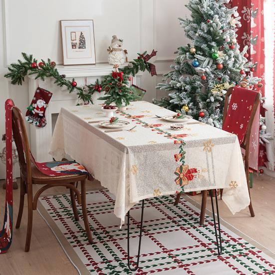 Christmas Lace Tablecloth Embroidered Santa Claus Xmas Bell Table Cloth Festive Dining Table Cover for Holiday Home Dinner Party Decor