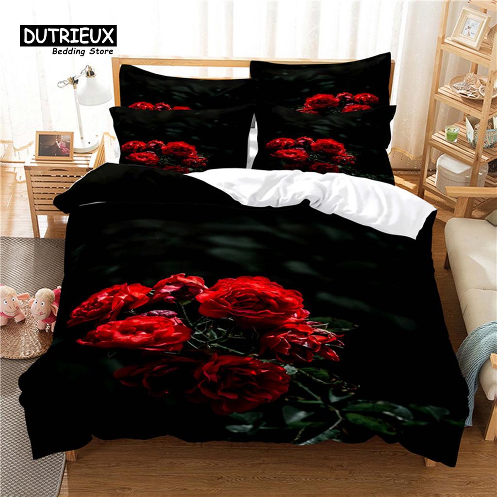 Beautiful Flower Bedding Set, 3Pc Flower Duvet Cover Set, Soft Comfortable Breathable Duvet Cover, For Bedroom Guest Room Decor