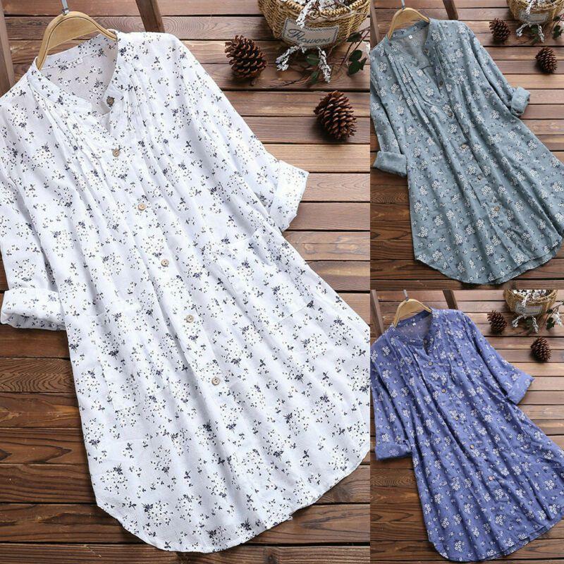 Elegant Women V-neck Long Sleeve Flower Print Linen Shirt Ladies Casual Loose Blouse Top
