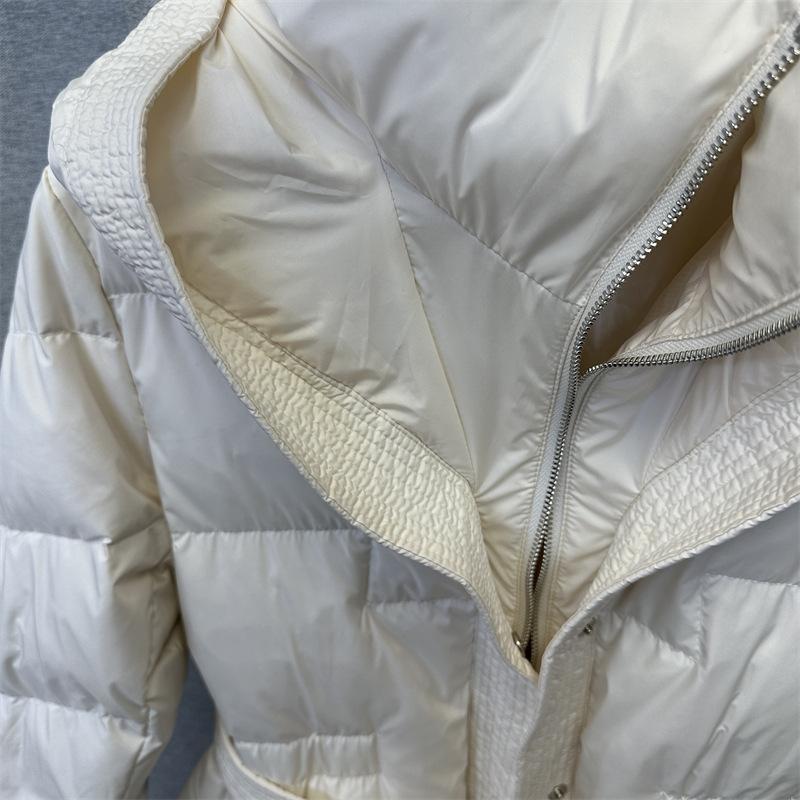 Women's Winter Autumn Hooded White Duck Down Jacket Coat Loose Long Solid Color Big Pocket Belt Waist Down Coat