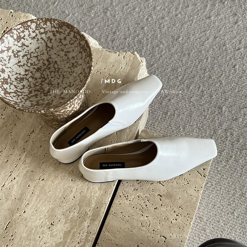 2024 Autumn Retro Square Toe Soft Leather Block Heel Shoes