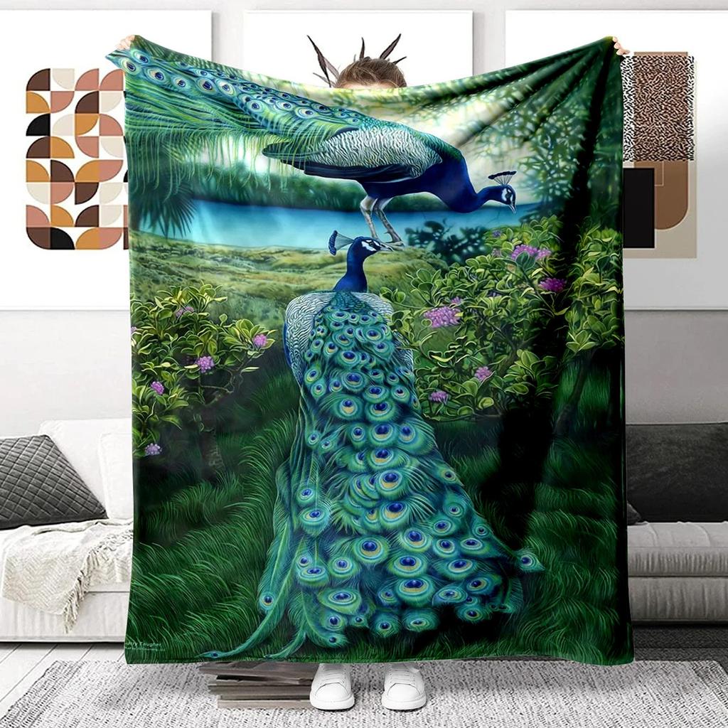 Colorful Peacock Picture Digitalprinted Polyester Bedroom Velvet Flannel Cover Blanket Fleece Soft Sofa Cover Blankets for Beds