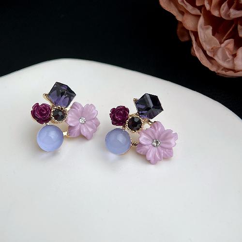 Retro oil painting flower earrings French super fairy purple oil drop earrings high-end earrings