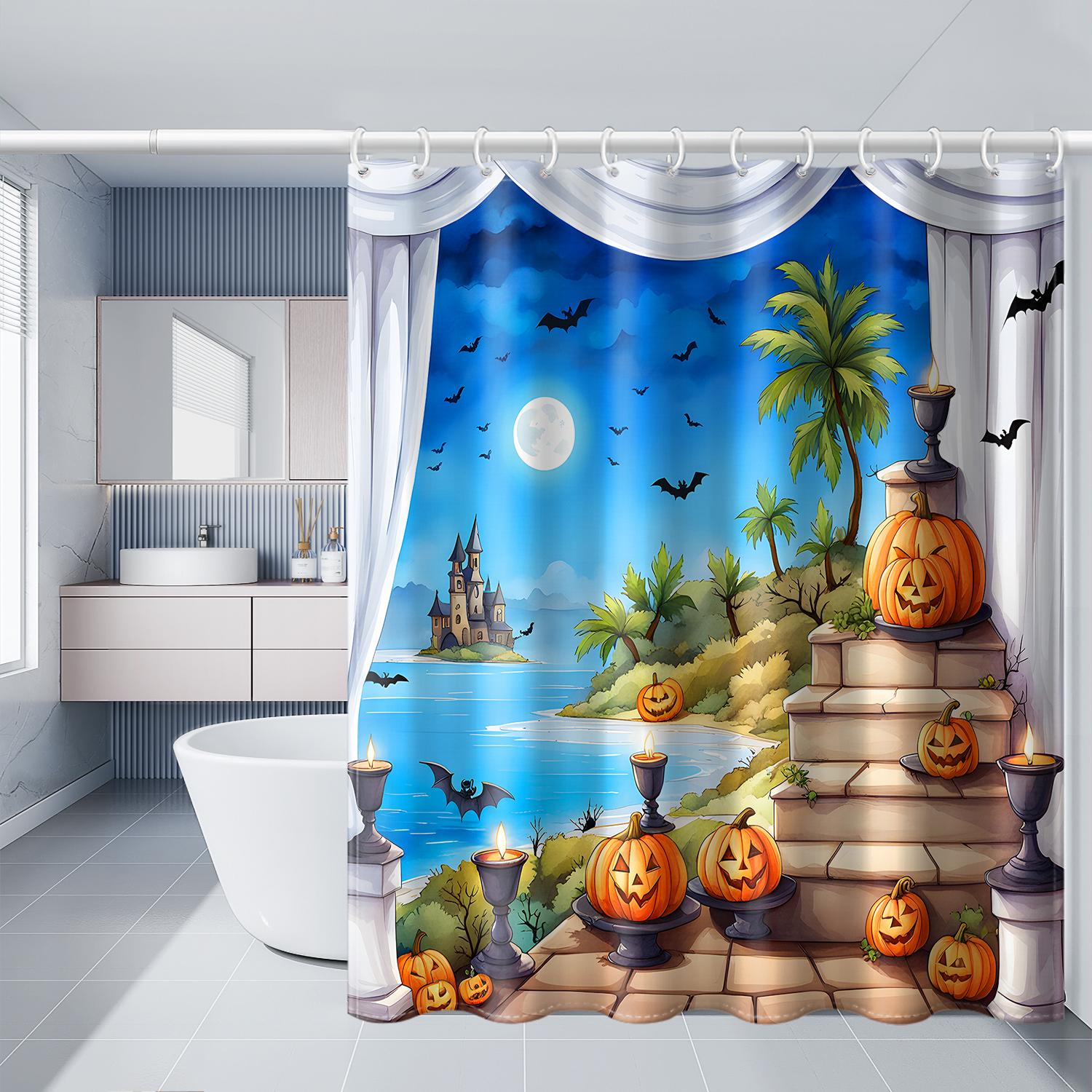 

1Pc Bat Pumpkin Beach View Window Pattern Printed Shower Curtain With Plastic Hook Cartoon Bathroom Partition Curtain Decoration W60H190(CM)-1 Pcs