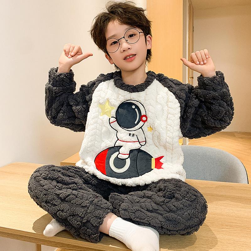 Kinder Flanell Pyjama Set Jungen Mädchen Warm Langarm Oberteil Und Hose Nachtwäsche Winter Haus Nachtwäsche