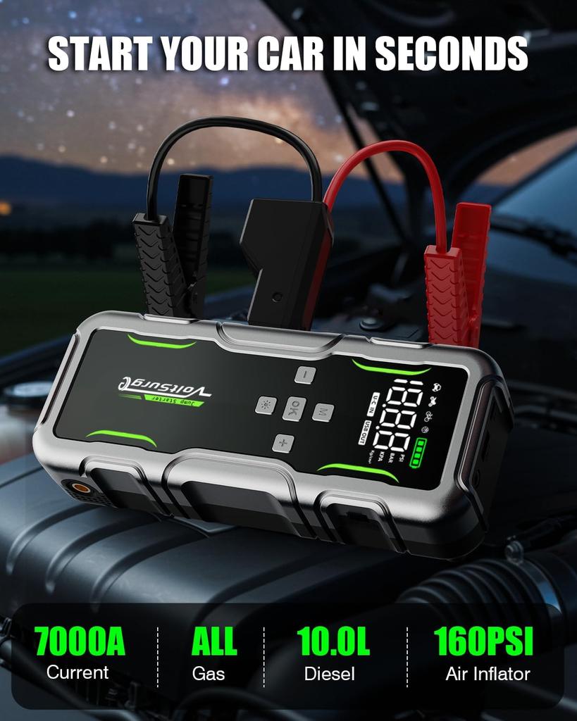 7000A Jump Starter with Air Compressor, 12V Portable Car Jump Box, 150PSI Inflator, LCD Display & Lights