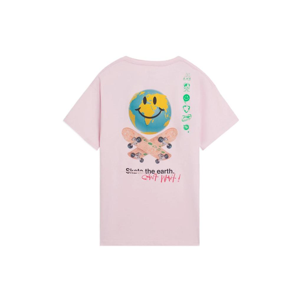 Li-Ning X Og Slick Ss22 Co-Branded Earth Smiley Skateboard Letter Round Neck Cartoon Short Sleeve T-Shirt Unisex Tops Pink AHSS299-4