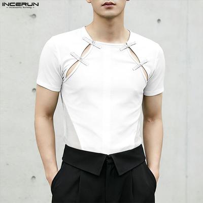 Men Round Neck Short Sleeve Vintage Knot Cutout Casual Fitted Tops T-shirts
