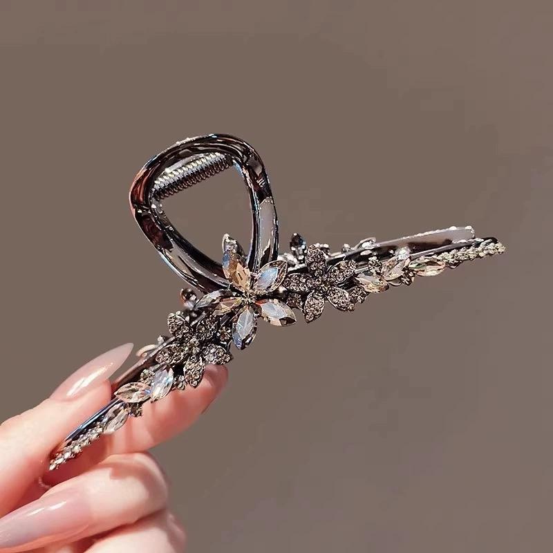 1Pcs High End Back of Head Hair Clip Women Headwear Crystal Flower Hair Accessories Large Size Black Metal Hair Claw
