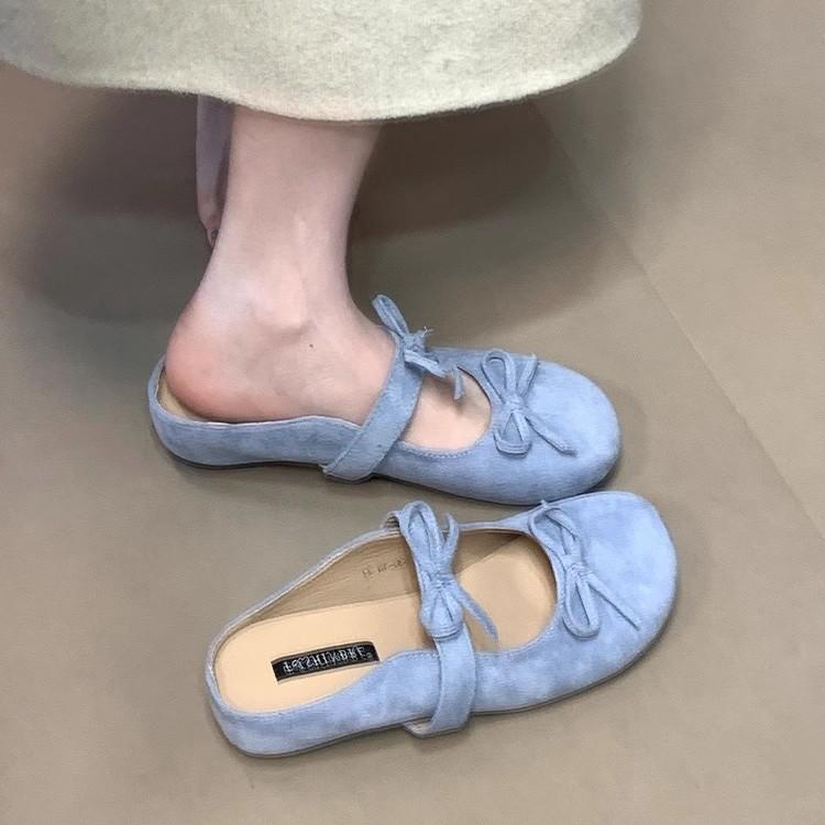 Soft leather version~ Double bow suede bag head drag, new retro thick-soled inner height-increasing Boken shoes in summer 2025