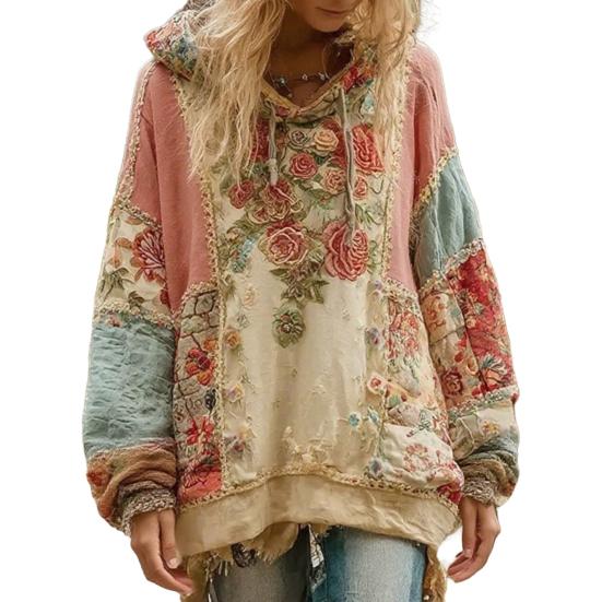 Women's Floral Print Patchwork Hoodie Oversized Vintage Pullover Sweatshirt Fall Casual Long Sleeve Hooded Outfit