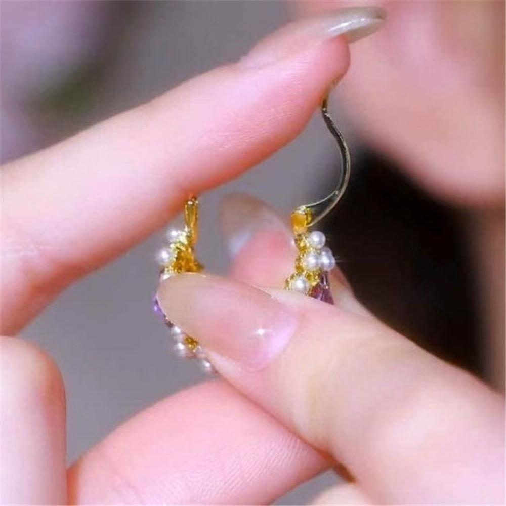 Luxury Female White Pearl Purple Zircon Stone Hoop Earrings Vintage Fashion Gold Color Wedding For Women