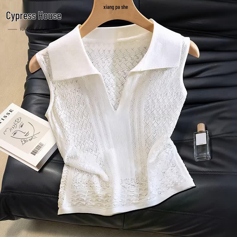 Women s Lapel Collar Sleeveless Knit Pullover One Size