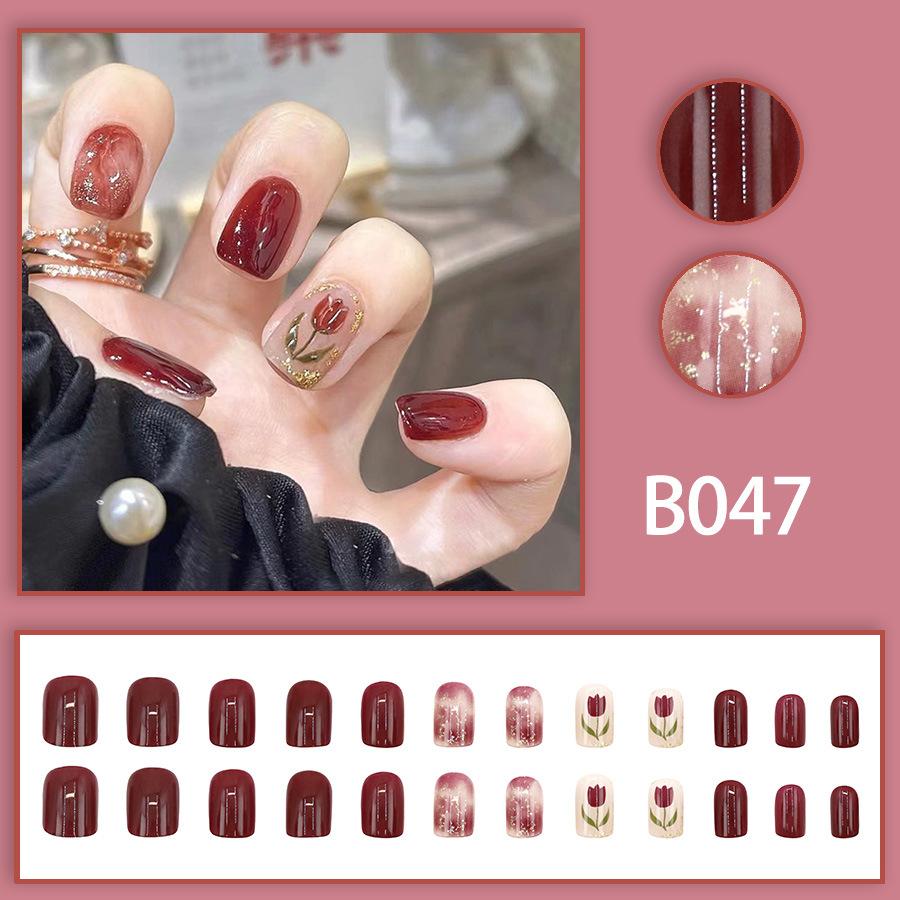 24 Pieces Simple and Sweet Square Nail Short Tulip Glitter Wearing Nail Royal Nail Art Stickers 24 Pieces