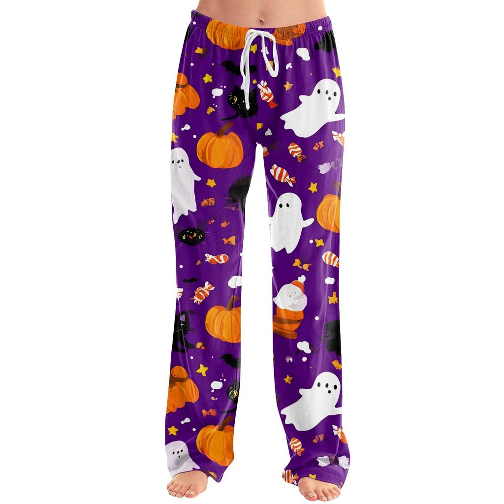 Women's Halloween Print Drawstring Pants, Casual Long Pants for Sleepwear or Daily