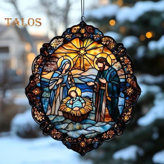 Weihnachtskrippe, handgefertigt, runder Sonnenfänger, Babys erstes Weihnachtsfest, christliches religiöses Geschenk für Baum, Fensterdekoration