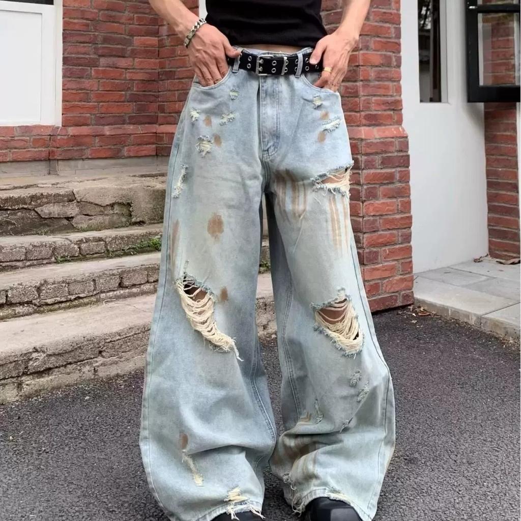 American Street Washed Old Ripped Jeans Men's Loose Straight Wide-leg Pants Vibe Tie-dye Heavy Casual Pants