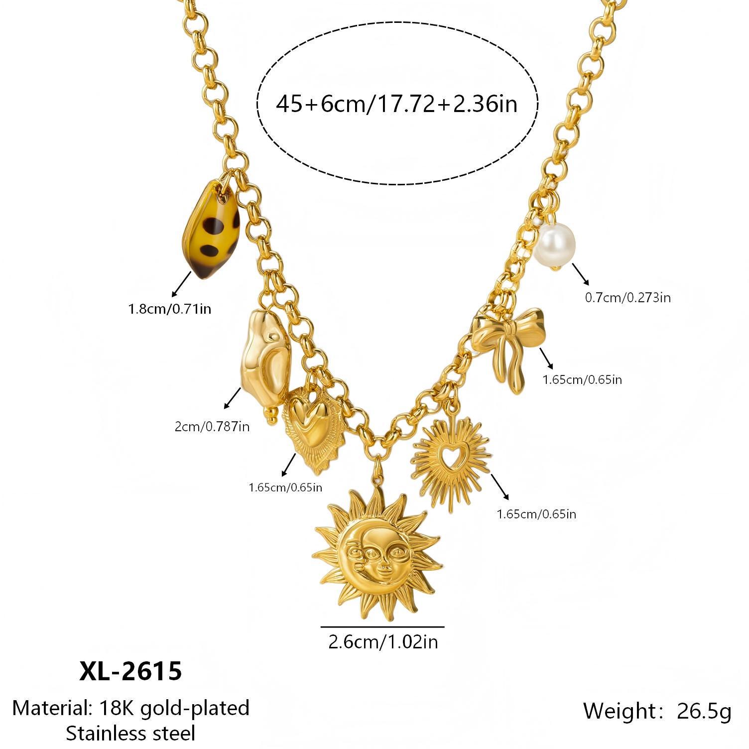 Gold-Plated Retro Sun and Heart Pendant Necklace - Stainless Steel Summer Accessories 18K Gold Plated