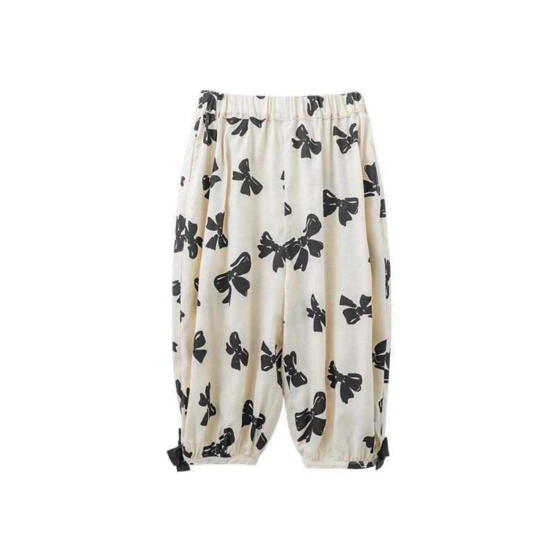 

Широкие длинные брюки Wuli Bu Girl с принтом бантиков - Летняя коллекция 2025 120 cm