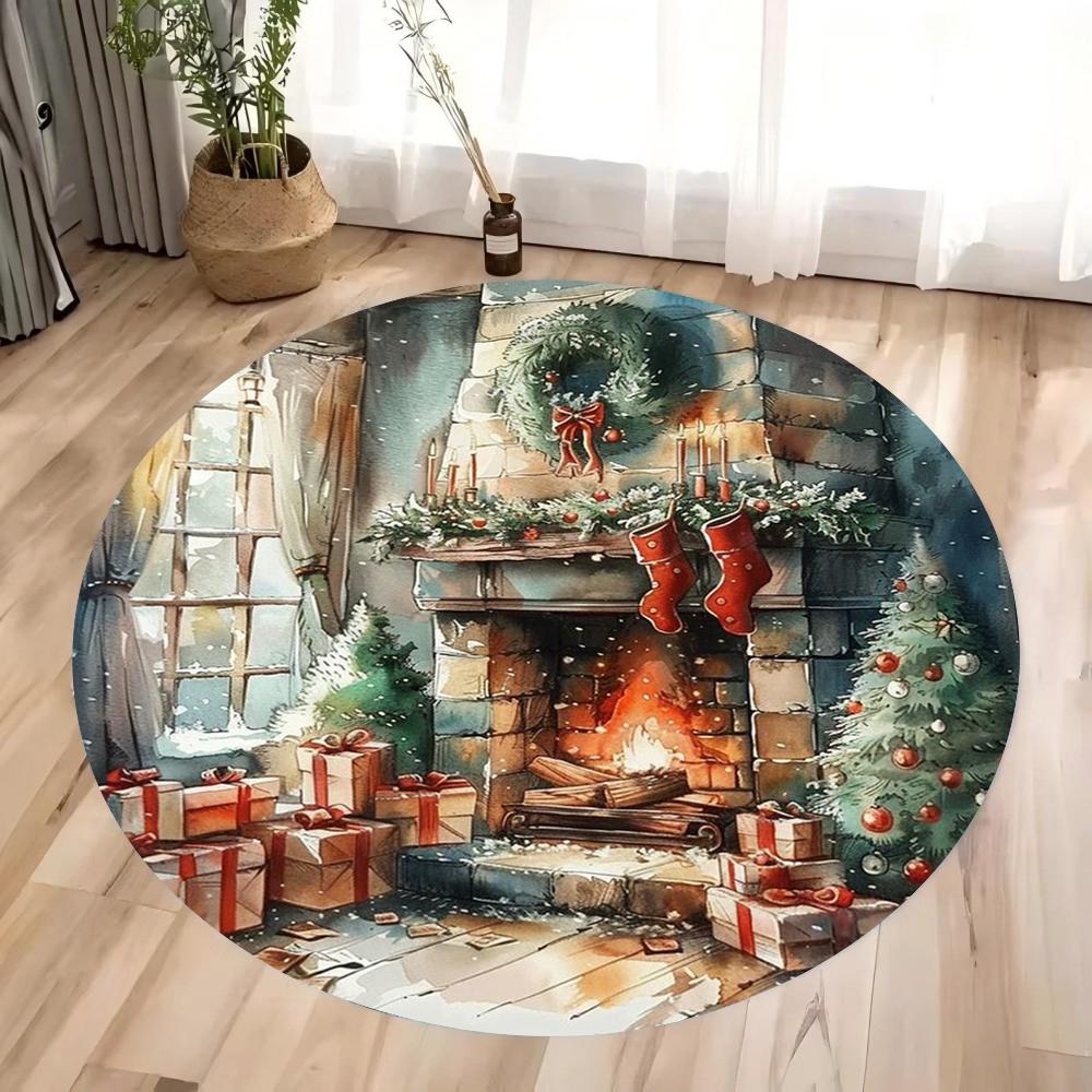 Christmas Living Room Decoration Christmas · Retro Fireplace Round Carpet Bedroom Carpet Home Floor Mat Washable Leisure Carpet