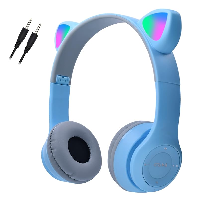 kids headphones Megadream wireless/wired headphones 85 dB safety volume limit with microphone Cat ears LED light design Bluetooth5.0/wire length 1m TF