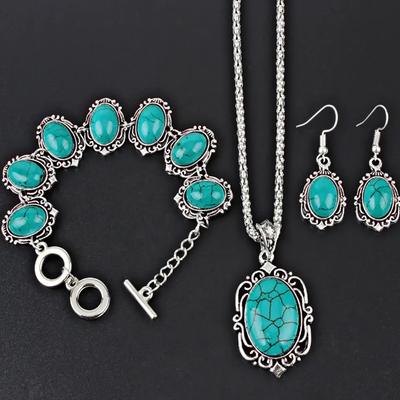 Ensemble 3 Pièces Bracelet Collier Boucles d'Oreilles Vintage Turquoise pour Femmes, Décoration Pierre de Guérison Cadeau (Aucune boîte)