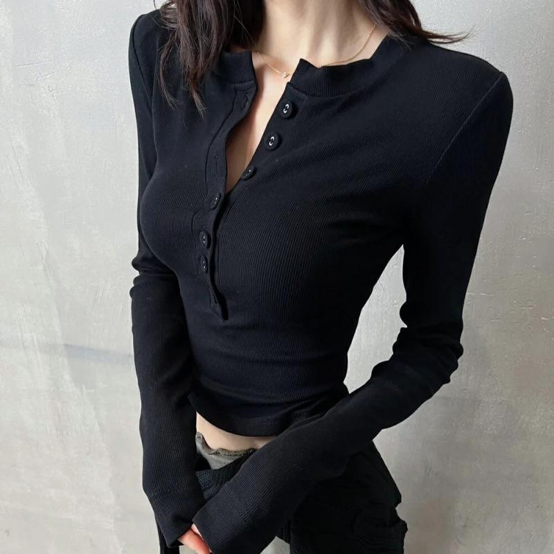 Navy blue collar button-up shoulder long-sleeved shirt women's top spring slim-fitting and thin Spice Girl temperament bottoming shirt