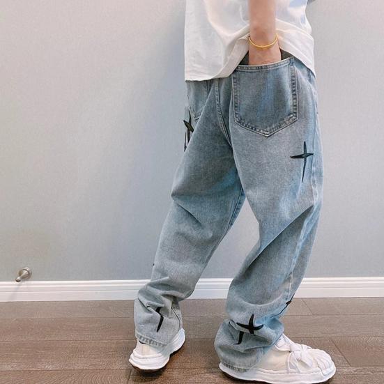 Spring Autumn Denim Pants Star Pattern Solid Color Zipper Fly Wide Leg Loose Jeans Streetwear