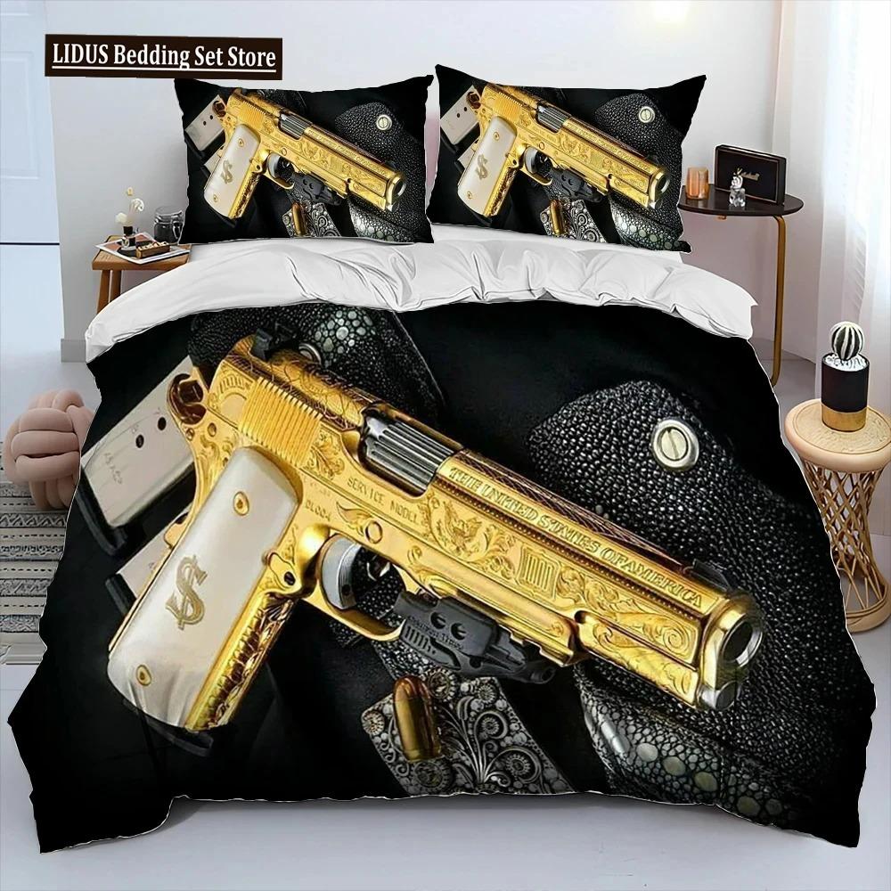 3D Gevär Revolver Patron Vapen Täckset Sängkläder, Påslakan Sängset Quiltöverdrag Örngott, King Queen Storlek Sängklädesset