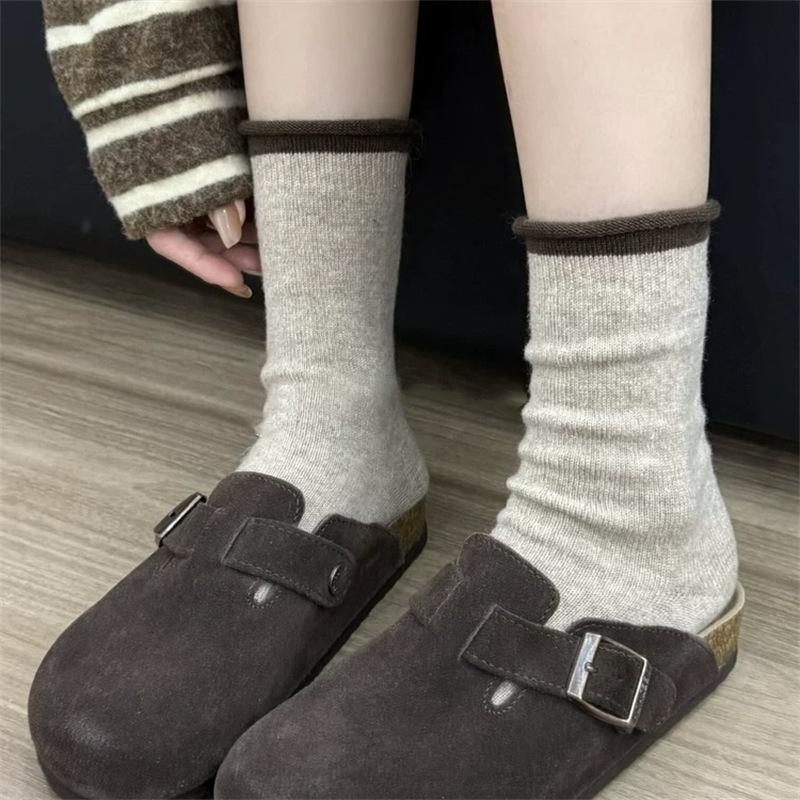 Lazy Wind~ Korean Curled Hem Contrasting Piles Of Socks Soft And Waxy Warm Wool Socks Are Easy To Wear For Versatile Socks For Women