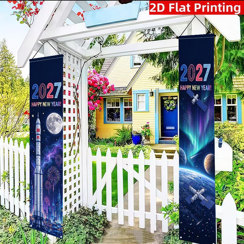 2D Flat, 2D Flat - 2D Flat, 2D Flat - 2D Flat, 2pcs, Sign (11.8 X 70.8 Inch / 30 X 180 Cm) Party Banner Flag. Banner, Polyester Material, 2027 New Yea
