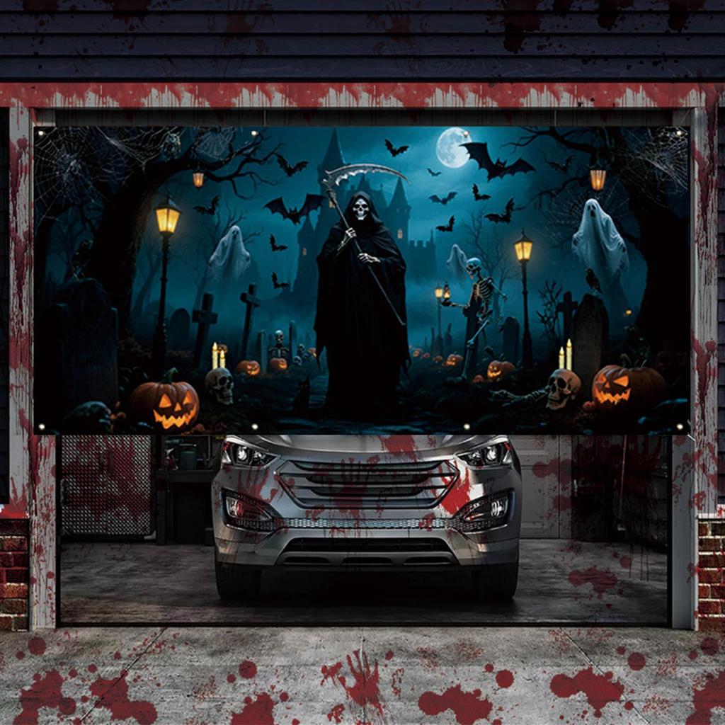 Halloween Garage Door Cover Cemetery Gate Banner Wall Backdrop Hangable For Outdoor Home Holiday Party Lawn Yard Garden