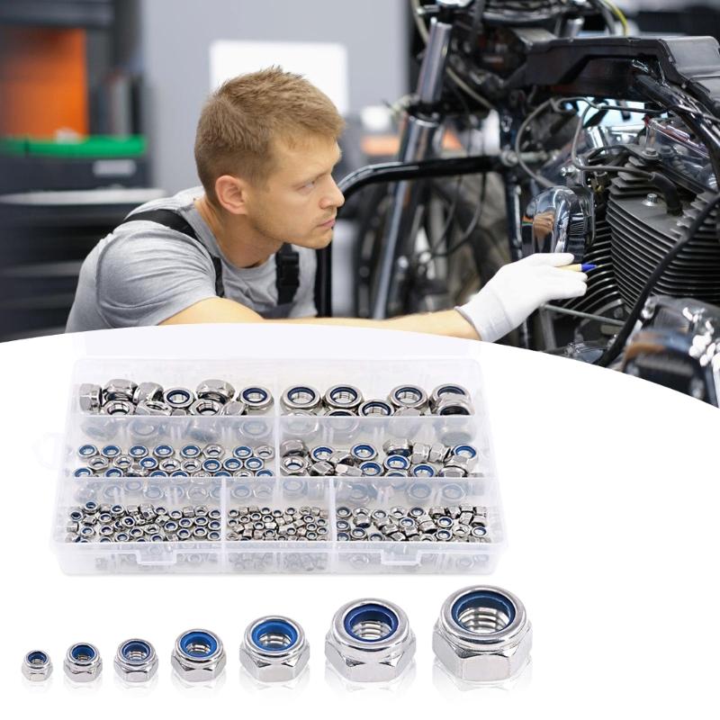 250Pcs Nylon Lock Nut 3/4/5/6/8/10/12mm Nylon Insert Nut Stainless Steel Hexagon Self Locking Nut Assortment Kits