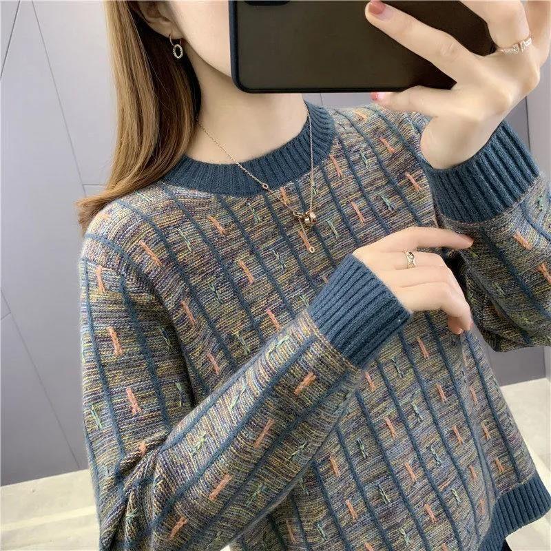 Autumn Winter New  Women Elegant Round Neck Women's Knitting Pullover Stripe Sweater Temperament Korean Version Femme Bottoming Tops