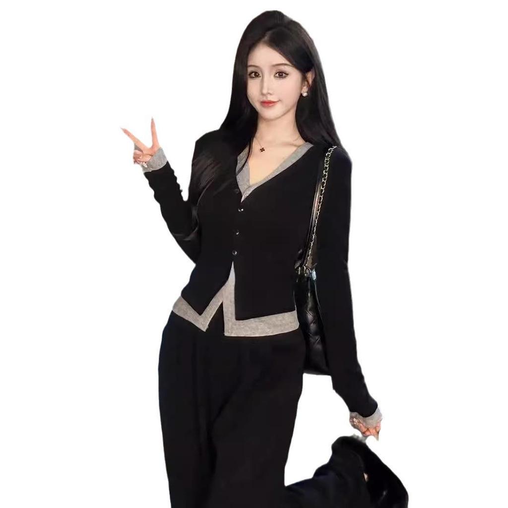 2024 Frühling/Herbst V-Ausschnitt Zweiteiler: Lässiger Stil Top & Schmale Weitbein-Hose