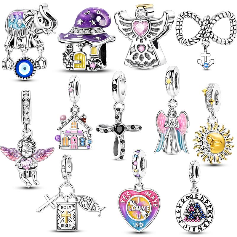 Cuentas con Colgante Original Cruz de Ángel de Plata 925 Pulsera DIY Para Mujer Joyería de Moda