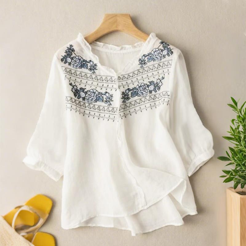 

ZANZEA Женская повседневная блузка с V-образным вырезом, рукавом 3/4, свободного кроя и вышивкой 4XL абрикосовый