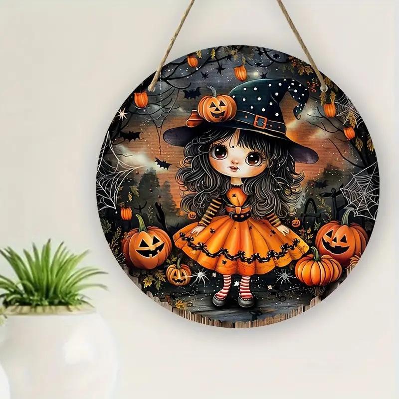 Halloween Wooden Door Plaque Craftsmanship Circular Logo Witch Pendant Home Decor