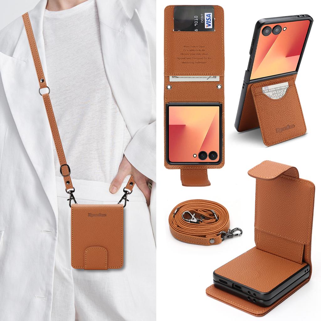 Crossbody Long Lanyard Cards Solt Leather Phone Case for Samsung Galaxy Z Flip 7 6 5 4 3 Comfortable Grip Kickstand Bag Cover