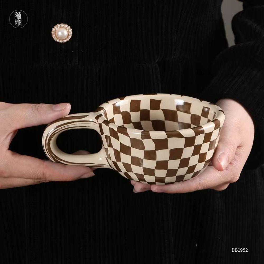 Hand Pinched Irregular Chessboard Mugs Plaid Breakfast Container Creative Water Cups Kitchen