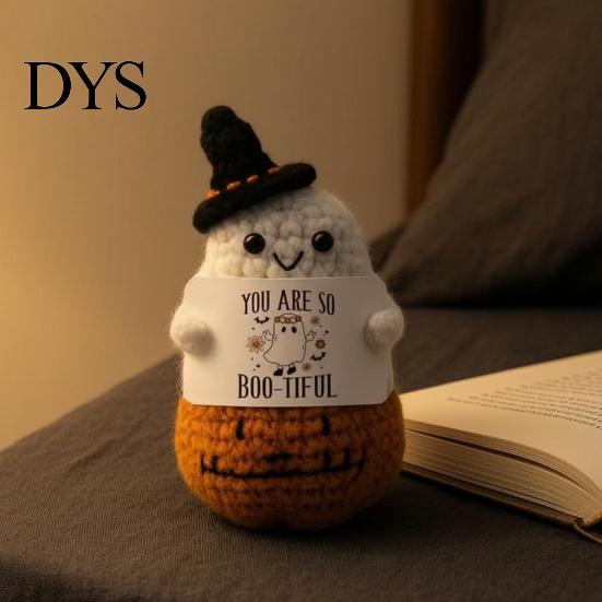 Whimsical Witch Hat Pumpkin Doll Hand Knitted Halloween Ghost Ornament, Crochet Plush with Soft Cotton Yarn Healing Companion Encouragement Card, Cute