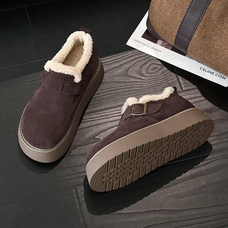 Leather retro women's autumn and winter models, leather velvet thickened warm fluffy shoes, platform casual cotton shoes